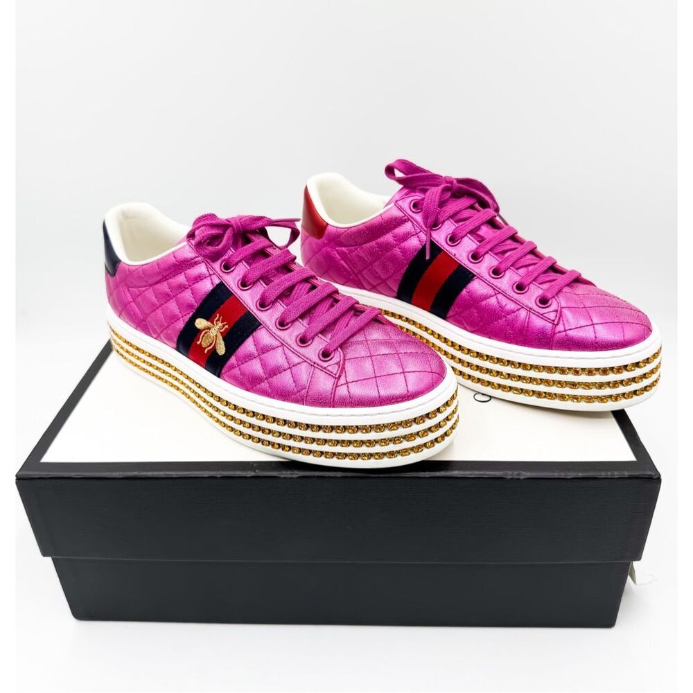 Gucci Ace Web Stripe Crystal Platform Pink Leather Bee Sneakers EU 38.5 US 8.5
